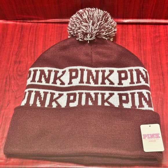 Victorias Secret PINK Burgundy Pom knit Hat - Picture 1 of 6